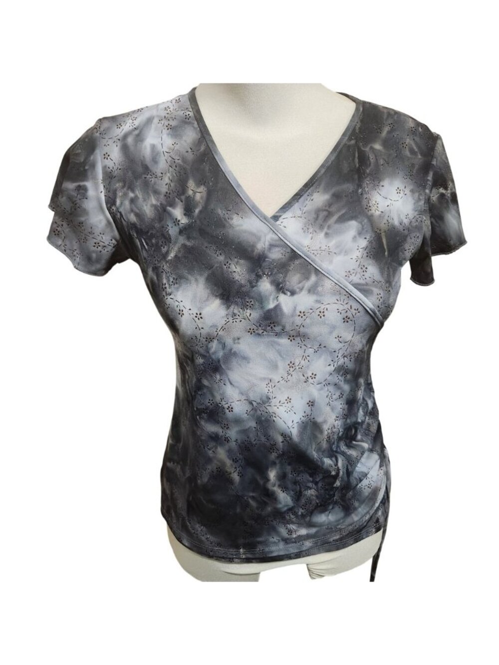 Forest witch Tie Dye Floral Print Short Sleeve V Neck‎ Top XS TP
